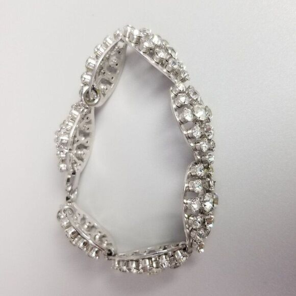 Vintage Rhinestone Panel Bangle Bracelet, Silver Tone Prong Set Glass Stones - Picture 3 of 8